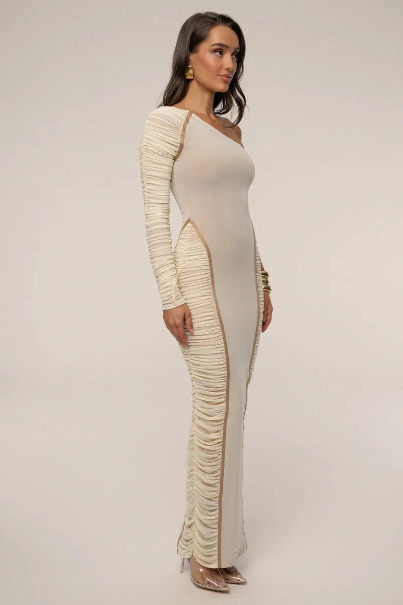 Mozision One Shoulder Backless Sexy Maxi Dress Women Gown Elegant Skew Collar Single Sleeve Ruched Bodycon Club Party Long Dress