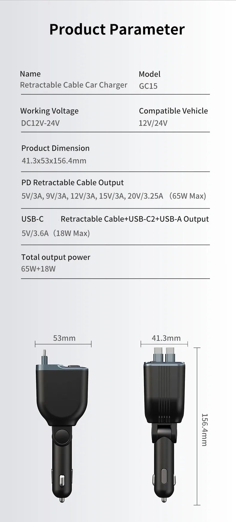 Scalable Car Charger 4in1 Fast Charging Car Charger with 72W Retractable Cable and PD65W USB Port Compatible with Type-C Adapter