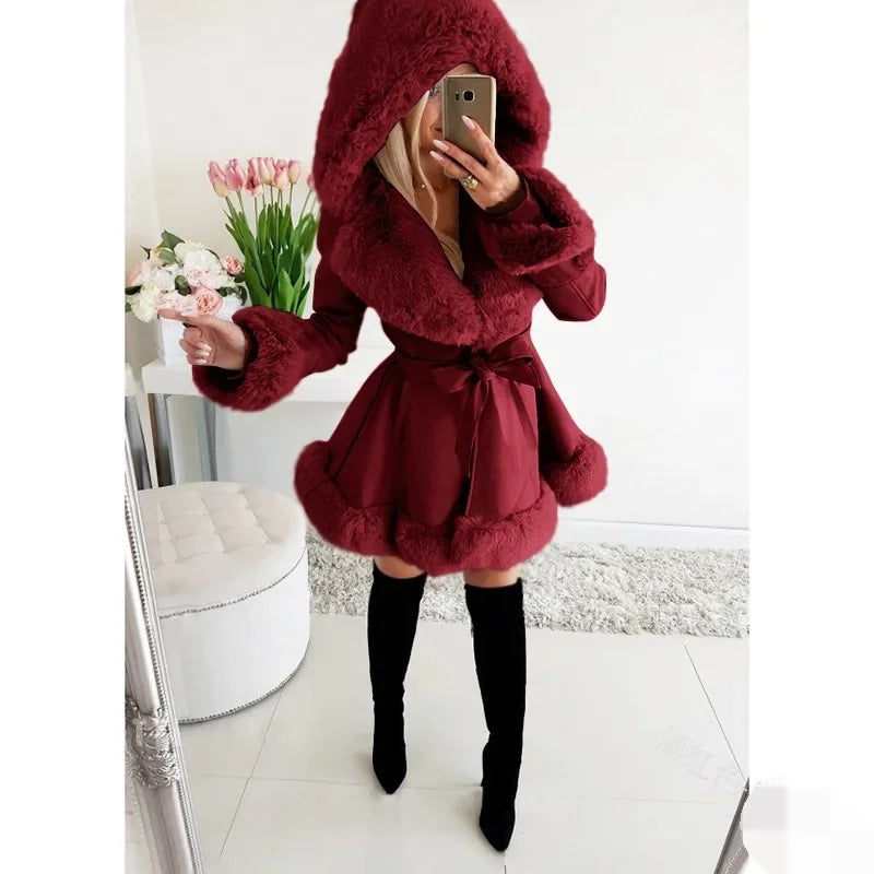 Warm Solid Color Lace-up Belt Fur Splicing New Women's Long-sleeved Ruffle Edge Hooded Jacket Parka