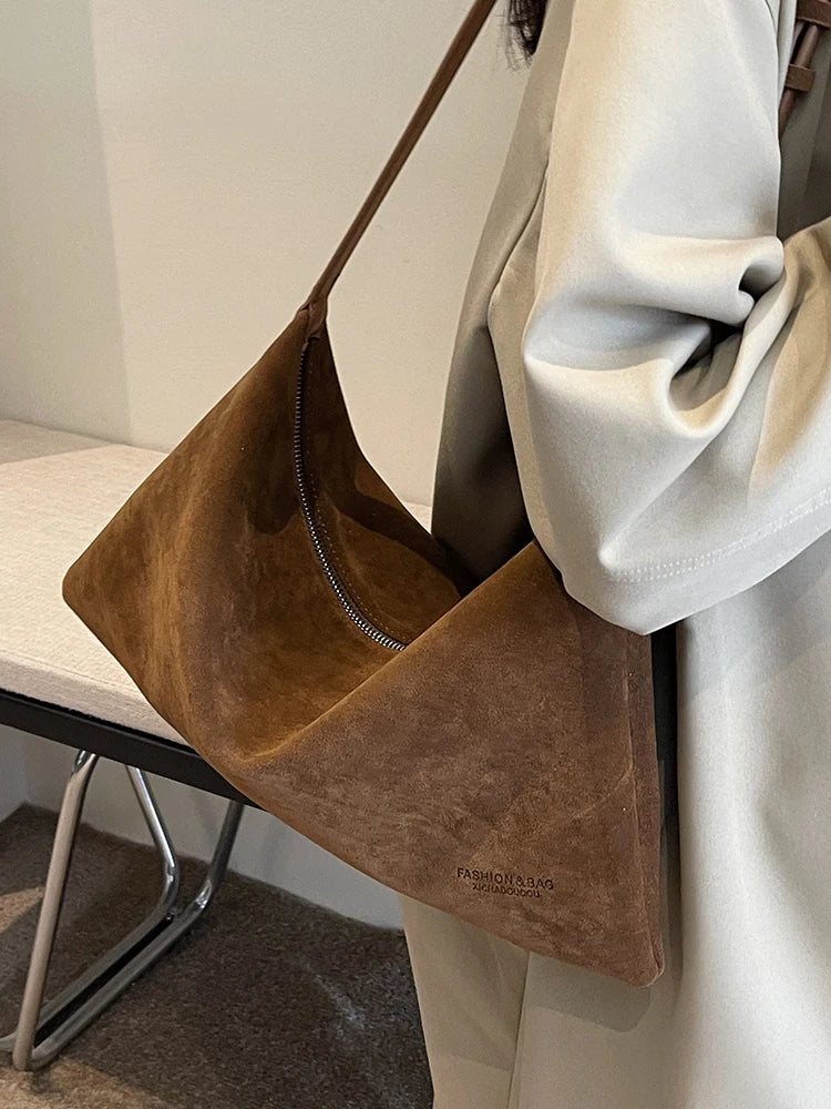 Vintage Suede Tote Bag For Women Autumn Winter New Large Capacity Commute Shoulder Crossbody Bags Fashion Trend Underarm Bags