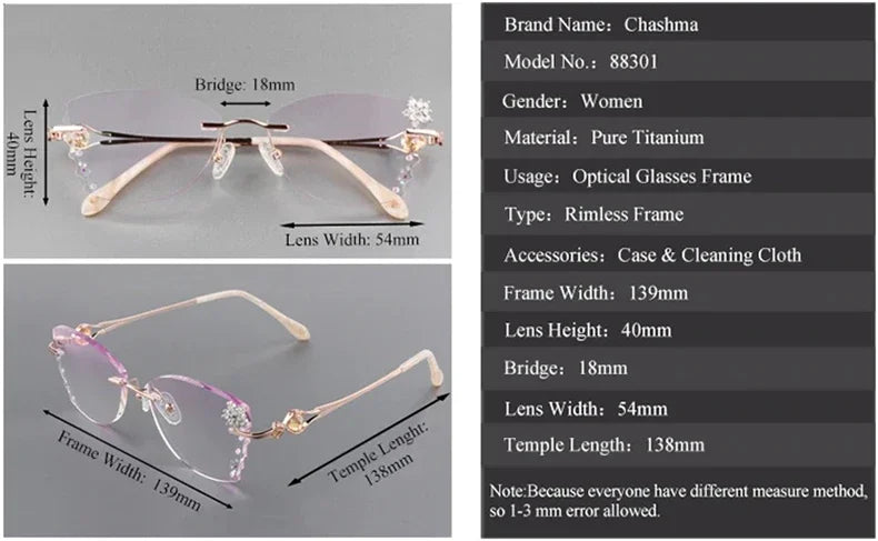 Butterfly Female Eye Glasses Titanium Gray Red Lens Diamond Trimmed Rimless Spectacle Frames Women Sunglasses Tint Lenses