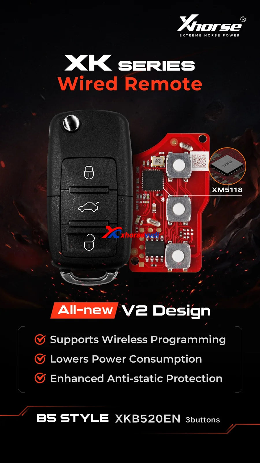 Xhorse XKB520EN 2nd Generation Wire Remote Key B5 Type Supports Wireless Programming 5pcs/lot