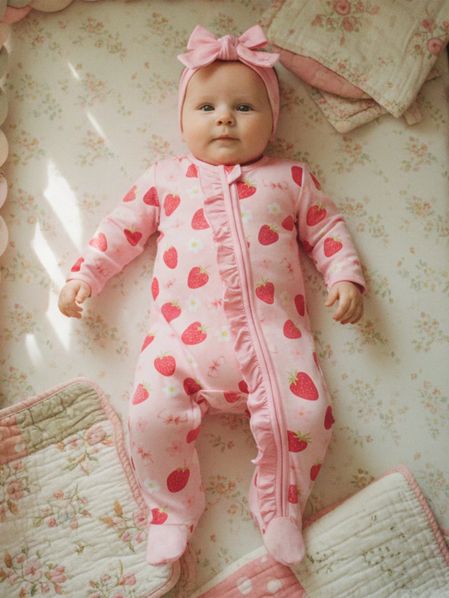 Newborn Baby Girl Footed Romper Strawberry Bow Print Long Sleeve Zip Up Round Neck Ruffled Jumpsuit with Headband