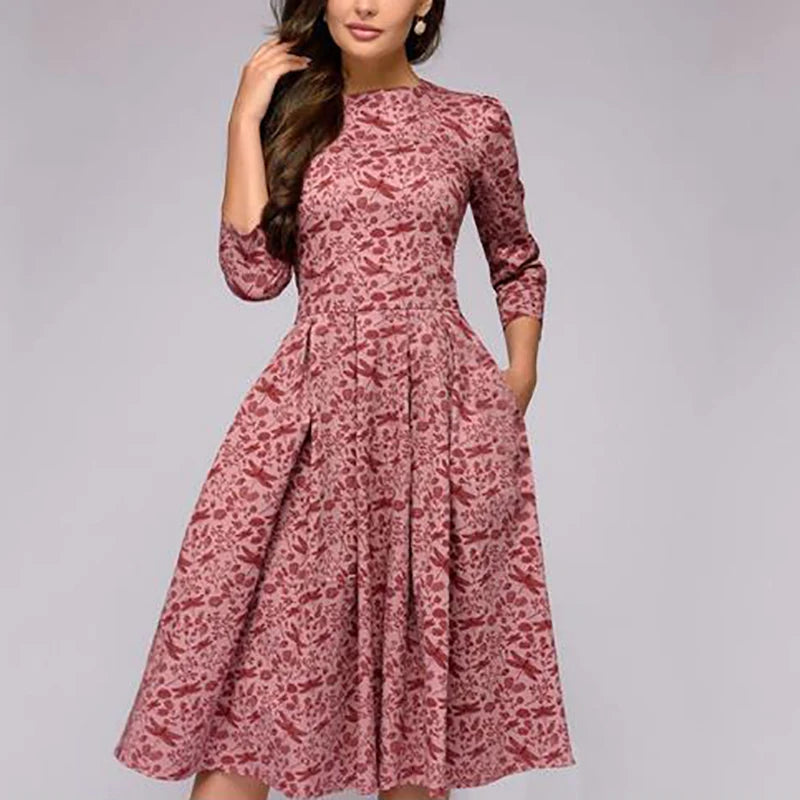 2023 Spring AutumnOffice Lady Knee Length Elegant Vintage Long Sleeve Party Dresses Women Floral Printed Dress New