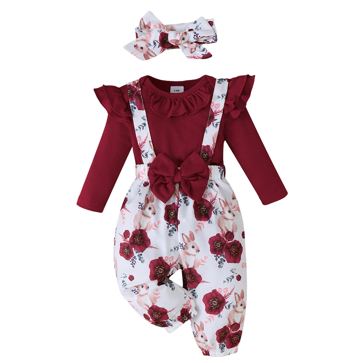 3PCS Clothes Outfits for 1-24Months Newborn&Toddler Baby Girl Long Sleeves Romper+Flower Strap Pants Cute Christmas Costume