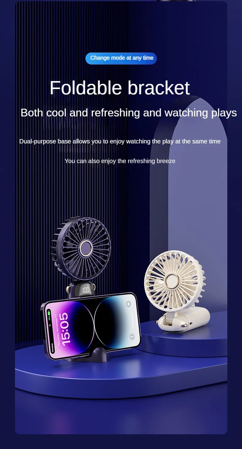 USB Handheld Mini Fan Foldable Portable Neck Hanging Fans 5 Speed USB Rechargeable Fan with Phone Stand and Display Screen