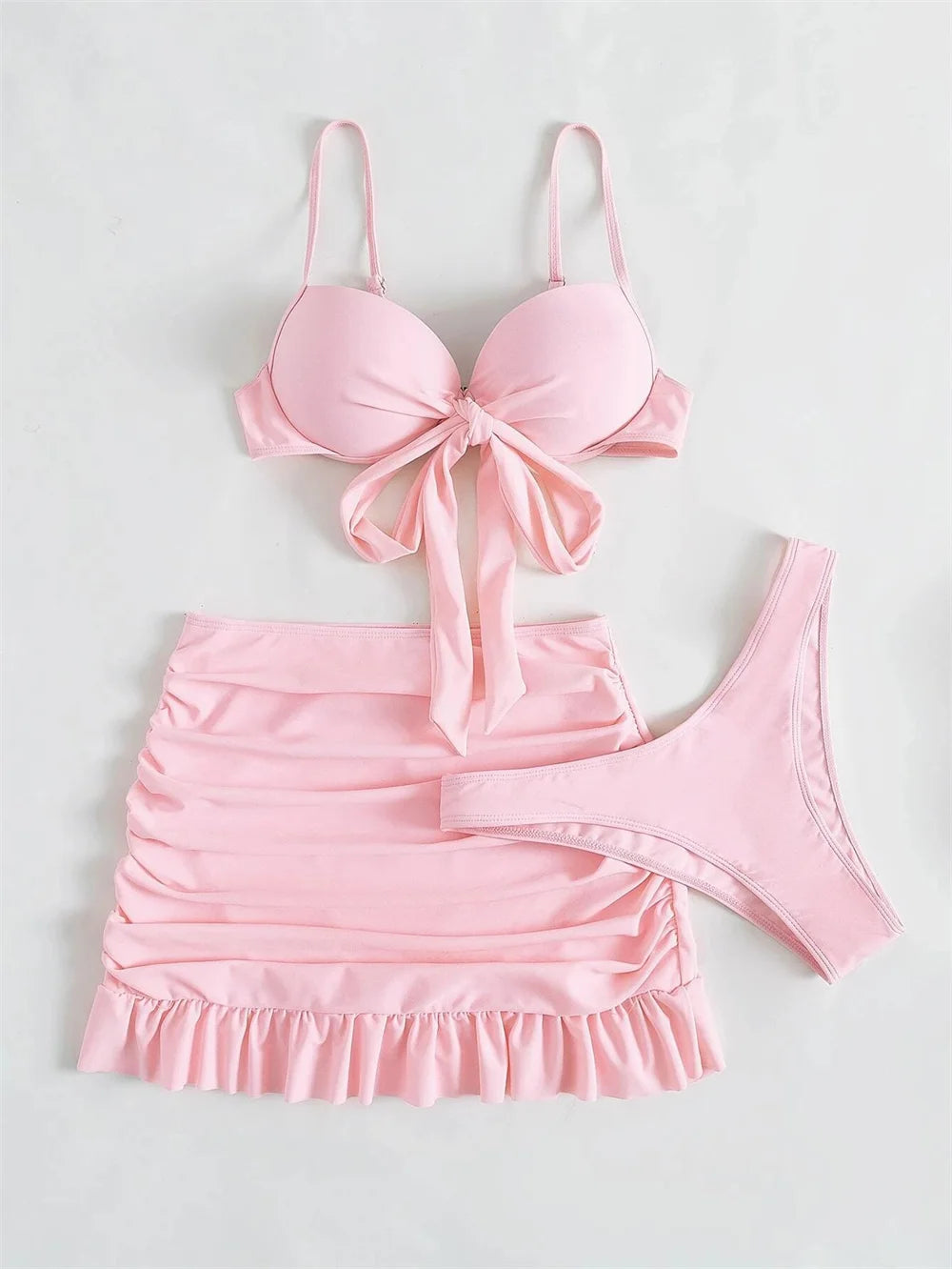 Cute Pink Ruched Swimwear Push Up Bandage Bikini Thong Pleated Swimsuit 3 Piece Women's Skirt Beach Outfits Bikinis Bathing Suit