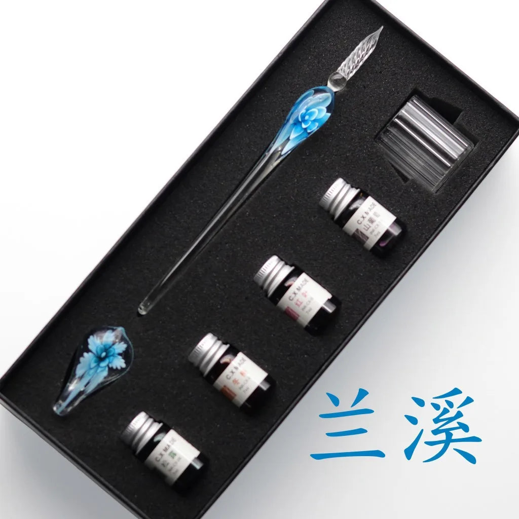 Embedded flower glass pen set, colored dipping pen, street vendor gift box, signature pen, glass pen gift