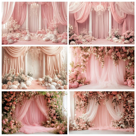 Pink Curtain Flowers Wedding Backdrop Baby Girl's Birthday Bar Mitzvah Portrait Photographic Background for Photo Studio Shoot