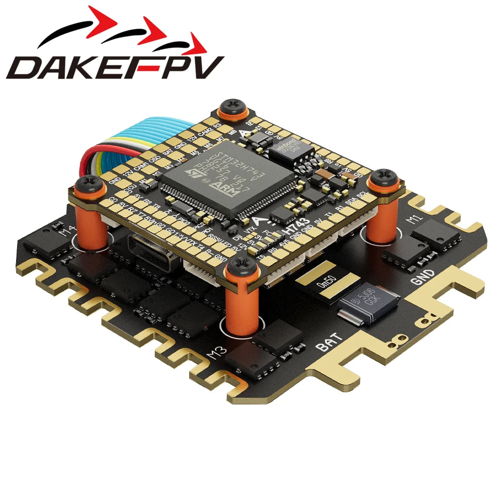 DAKEFPV H743 100A/120A stacked ICM42688P H743 flight control module BLHELI_S 120A 4-in-1 ESC 30.5X30.5 millimeters.