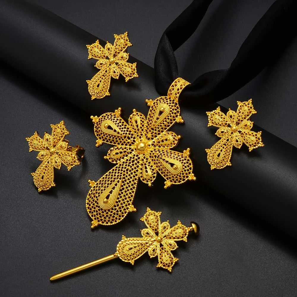 Anniyo Ethiopian Cross Jewelry sets Silver/Gold Color Necklaces Earrings Ring Hairpin Eritrean African Ethnic Wedding #313806