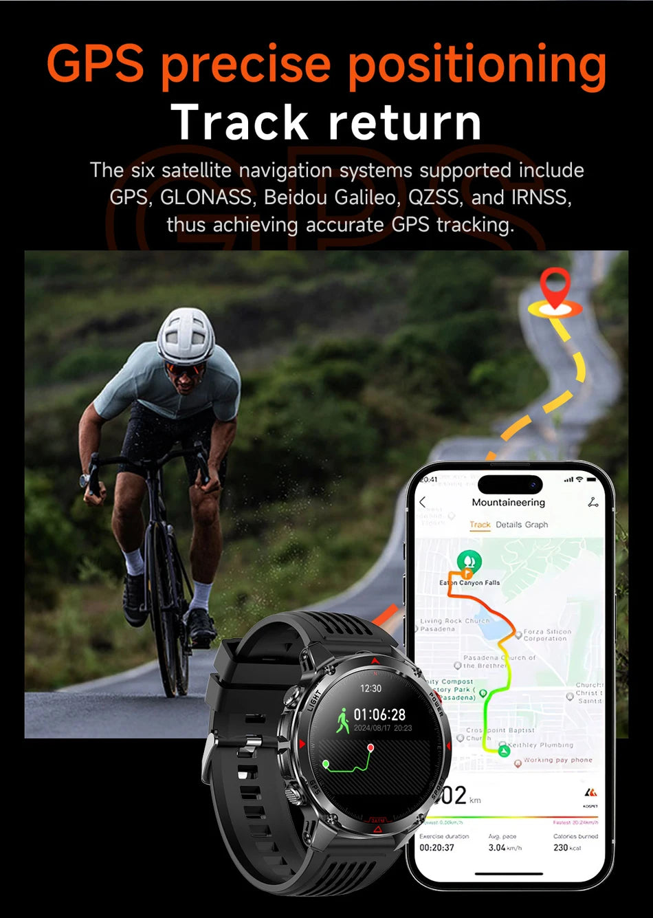 2025 New Outdoor Millitary Smart Watch Men GPS Positioning 540mAh Battery Waterproof Sports Fitness Tracker BT Call Smartwatch