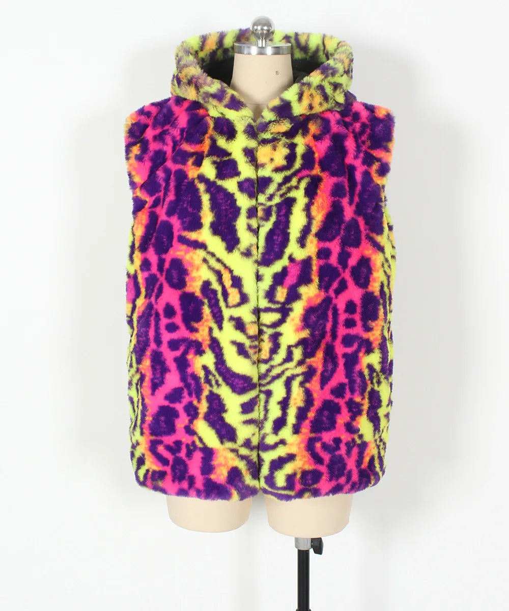 Autumn and Winter New Fashion Mens Warm Vest Imitation Fur Leopard Print Contrasting Plush Vest