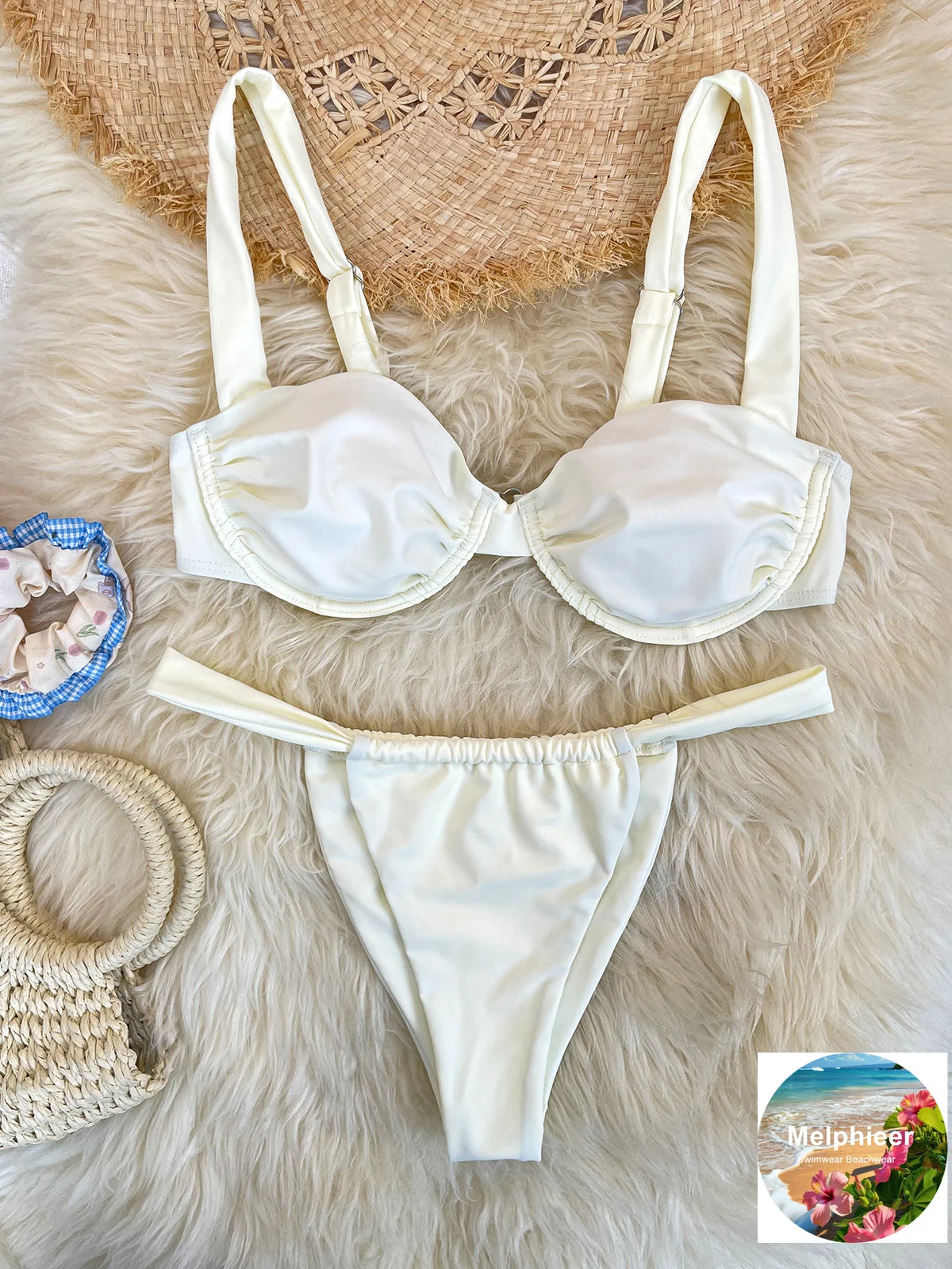 Melphieer Women's Solid Color Bikini Set Strappy Bandage Push-Up Swimsuit Summer Lady Beach Pool Club Swimwear Bathing Suit