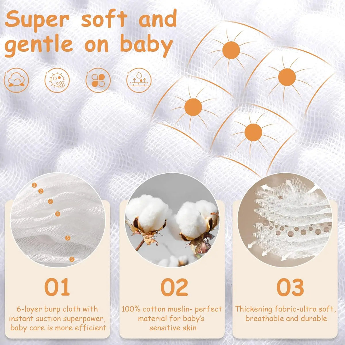 6pcs Baby Burping Cloth Large 20''x10'' Extra Soft and Absorbent Muslin Burp Cloths 100% Cotton Washcloths For Baby