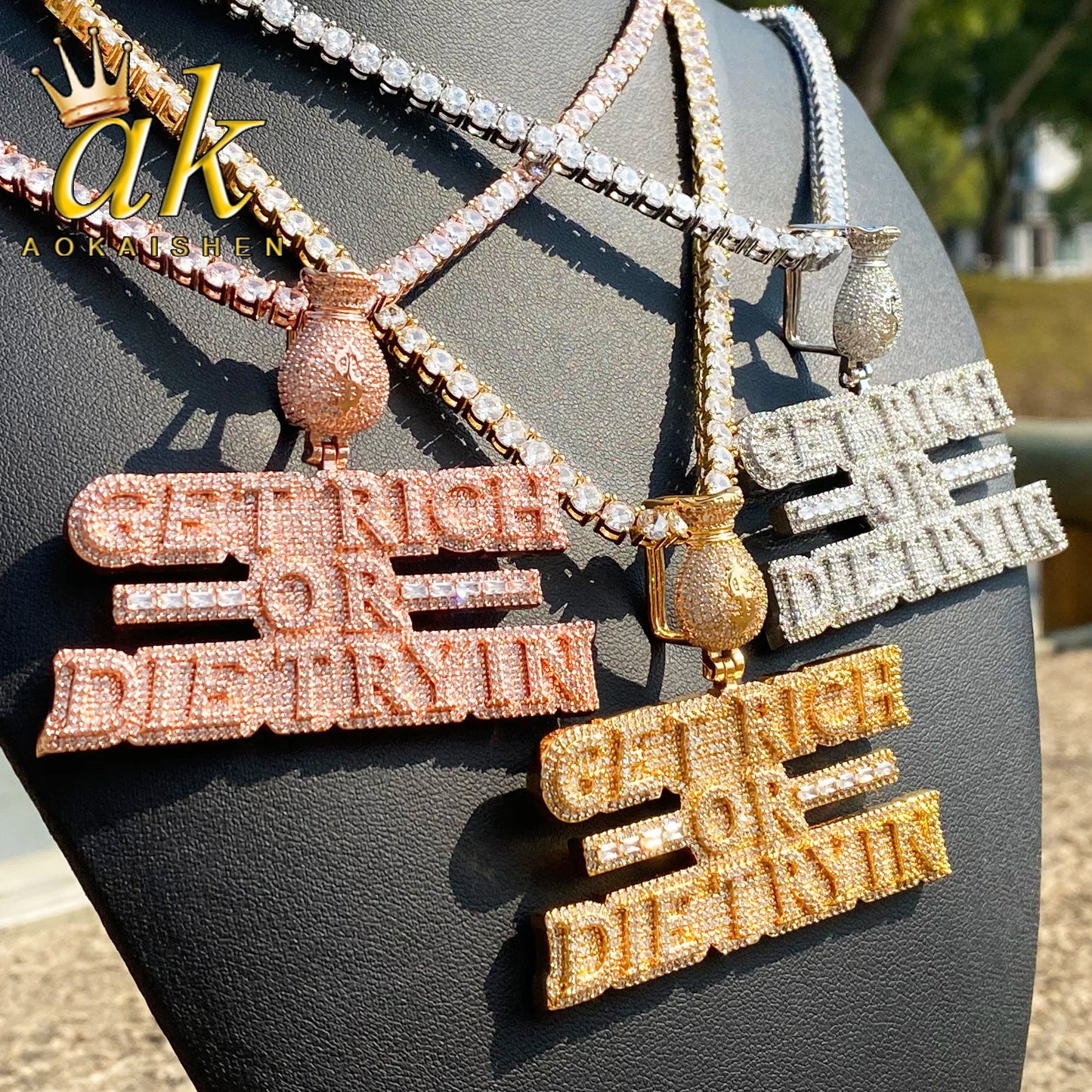 Aokaishen Iced Out Necklace Pendant for Men Real Copper Get Rich Hip Hop Jewelry