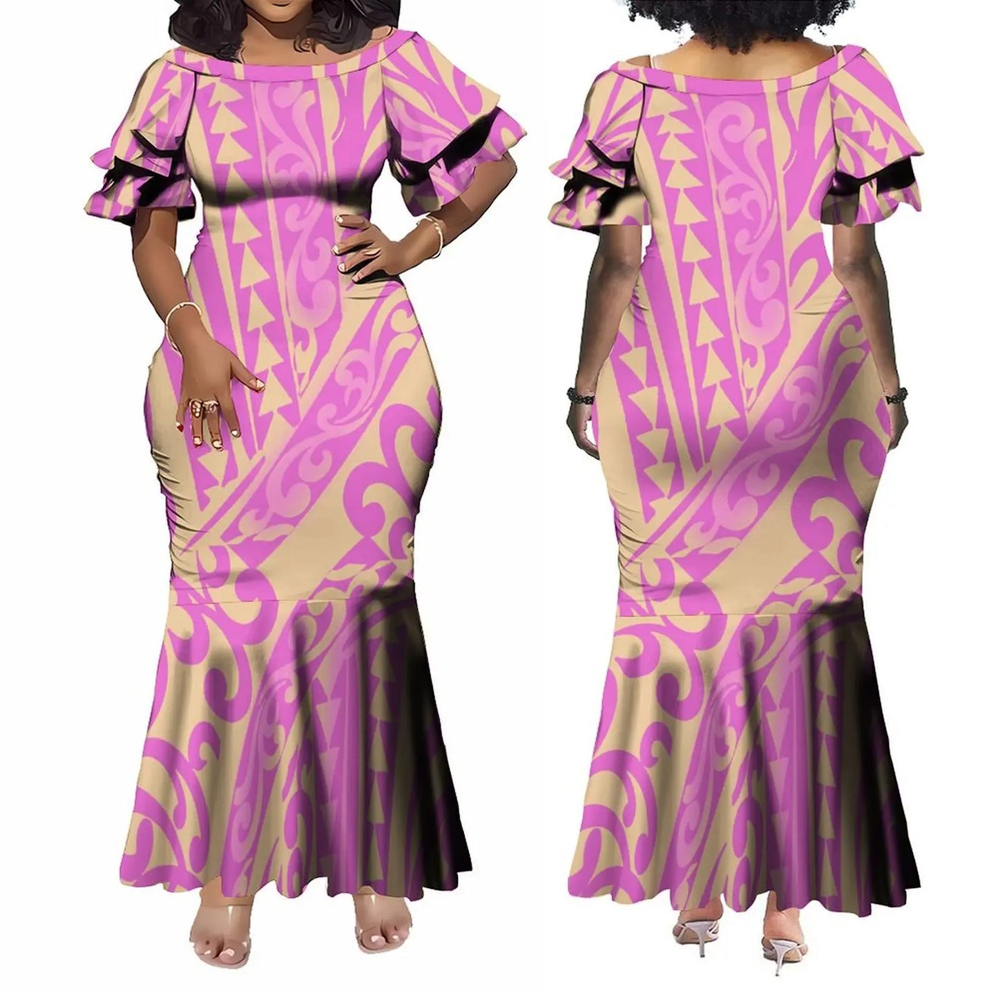 Custom Polynesian Tribal Couple Set Samoan Women'S Temperament Slim Dress Women'S Mermaid Maxi Skirt Men'S Shirt