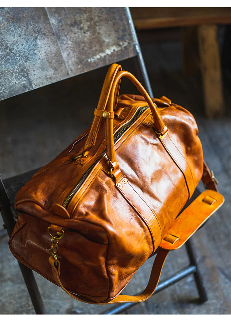 Vintage fashion luxury genuine leather men's travel bag outdoor weekend large capacity crossbody bag real cowhide women handbag