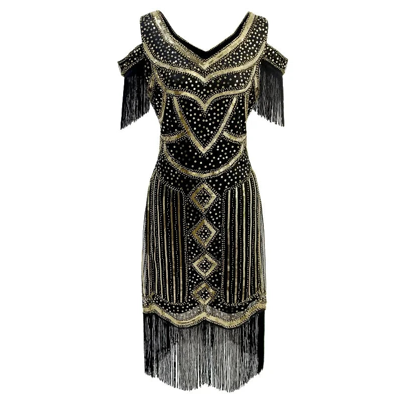 Women Fringe 1920s Flapper Dress 20s Gatsby Themed Party Dress Vintage V-neck Off Shoulder Sequin Beaded Cocktail Dress