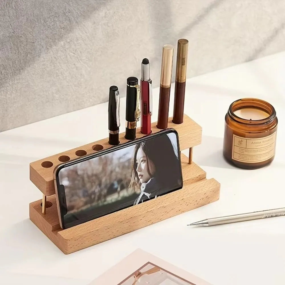 Modern Walnut Wood Pen Holder 9 Slots Sleek Desk Organizer Phone Stand For Office School