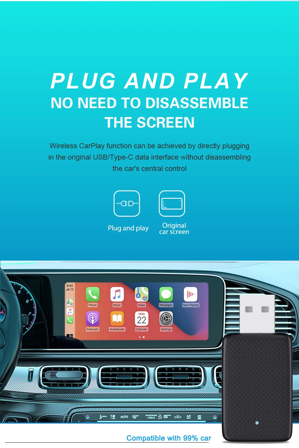 Acodo Mini Wired to Wireless 2 in 1 CarPlay and Android Auto Box  Plug and Play Fashionable and Portable Suitable for 99% car
