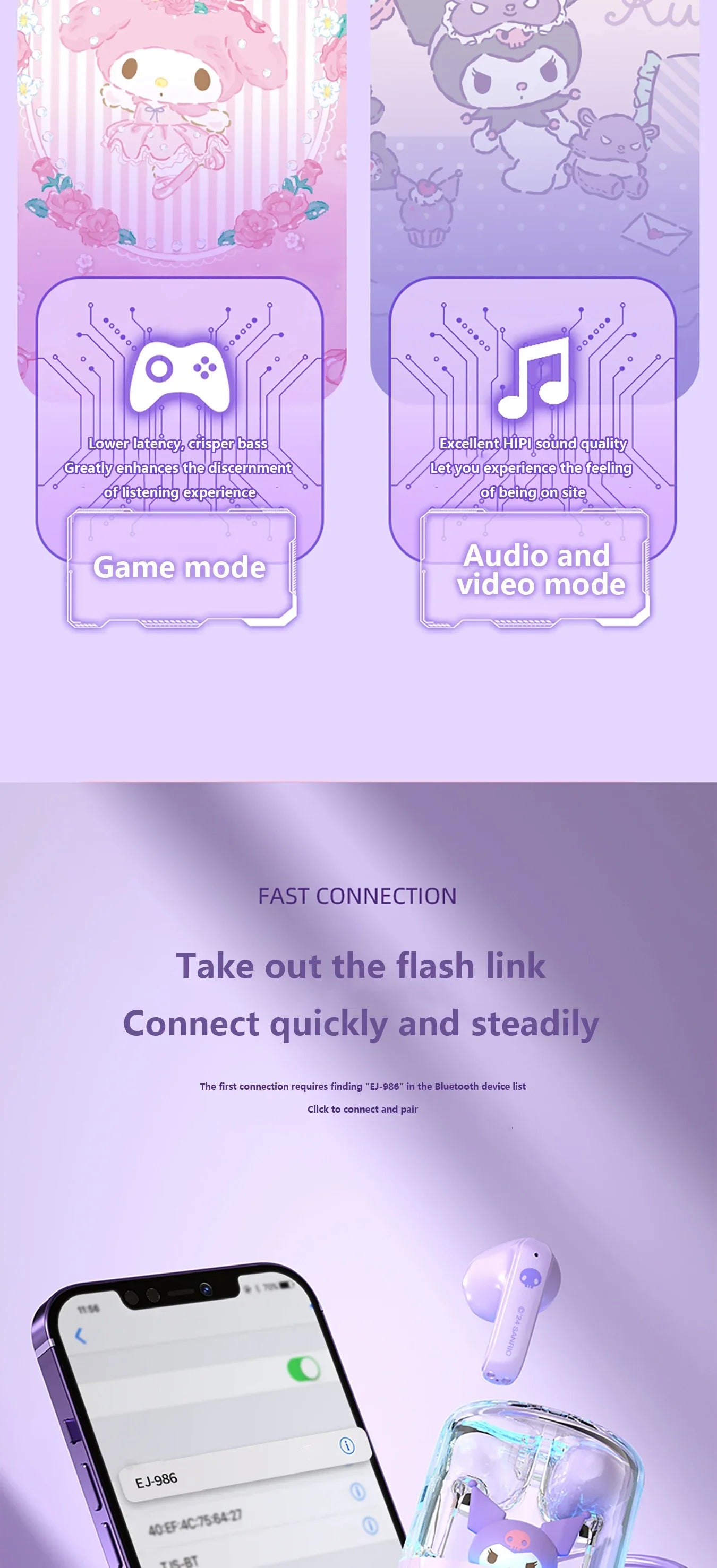 Sanrio EJ-986 TWS Earbuds Kuromi Hello Kitty Wireless Earphones Bluetooth Transparent Warehouse HIFI Sound Headsets Long Battery