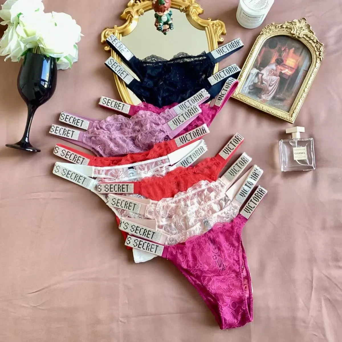 Fashion large size printed women's underwear comfortable rhinestone sexy underwear pink brand thong seamless t-pants metal chain