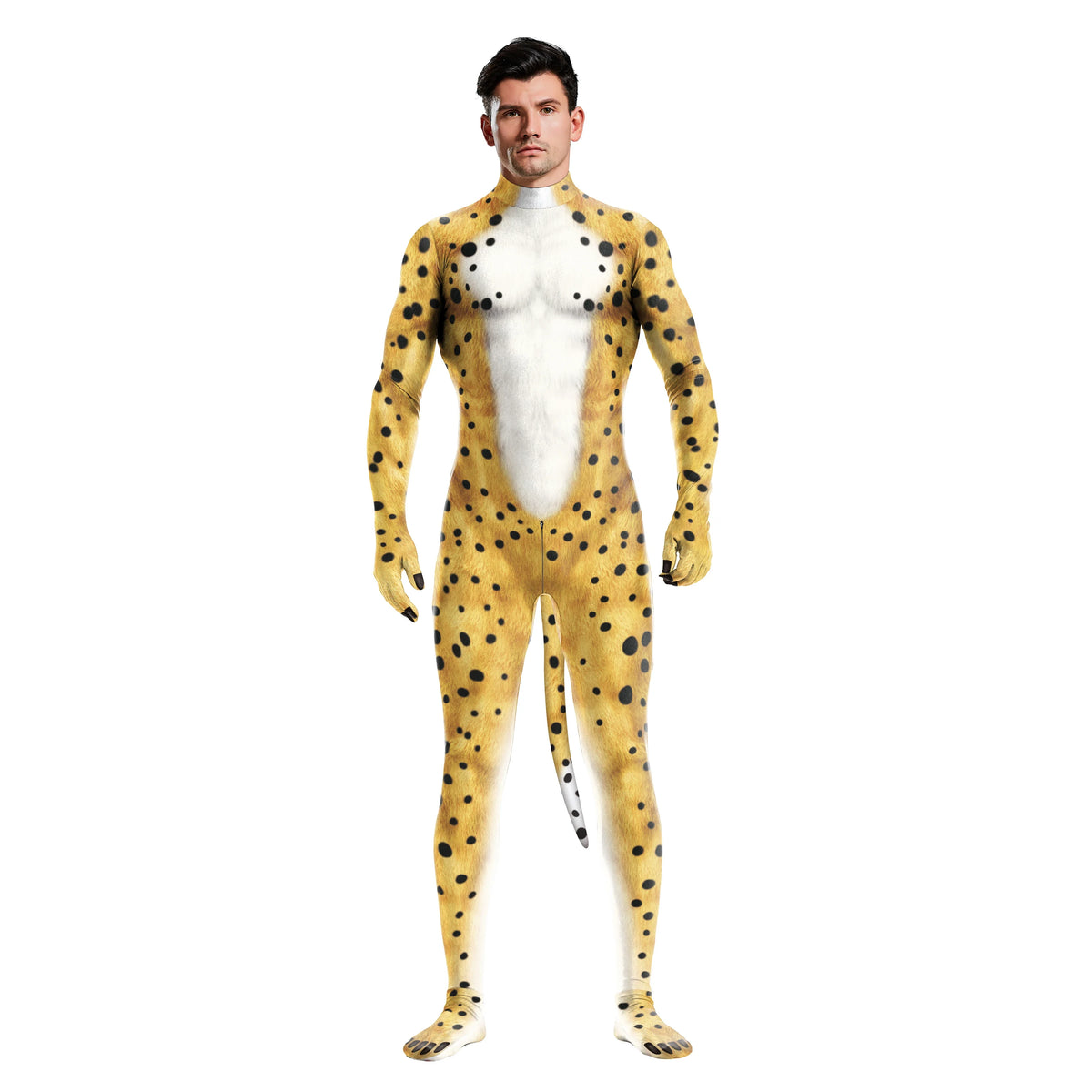 Halloween Cosplay Costume Male Adult Full Cover Elastic Zentai Pet Suit Jumpsuit Print Catsuit Bodysuits with Tail Purim Clothes