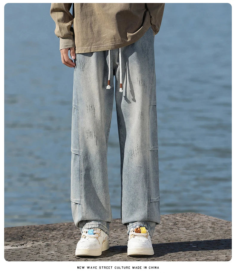 Jeans men's American high street vintage washed crease splicing men's spring and fall models loose straight pants