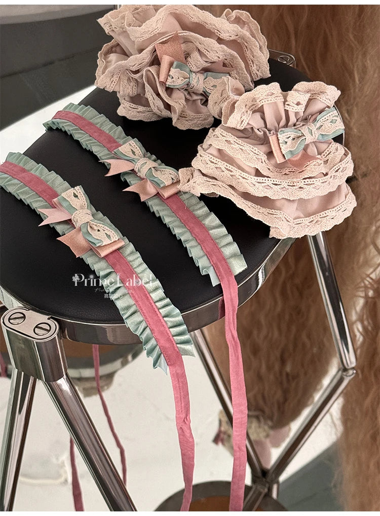 Sweet Cute Girls Lolita Clothing Accessories Set Princess Ribbon Lace Bow Headband Choker Necklace Bracelet and Leg Ring