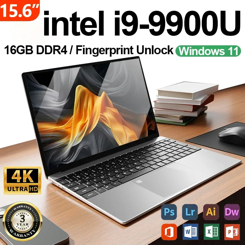 New Office Laptop Intel Core i9 9900U 15.6 inch 4K HD Screen Windows 11 16GB RAM 1TB SSD Portable Slim Laptops PC Gamer Computer
