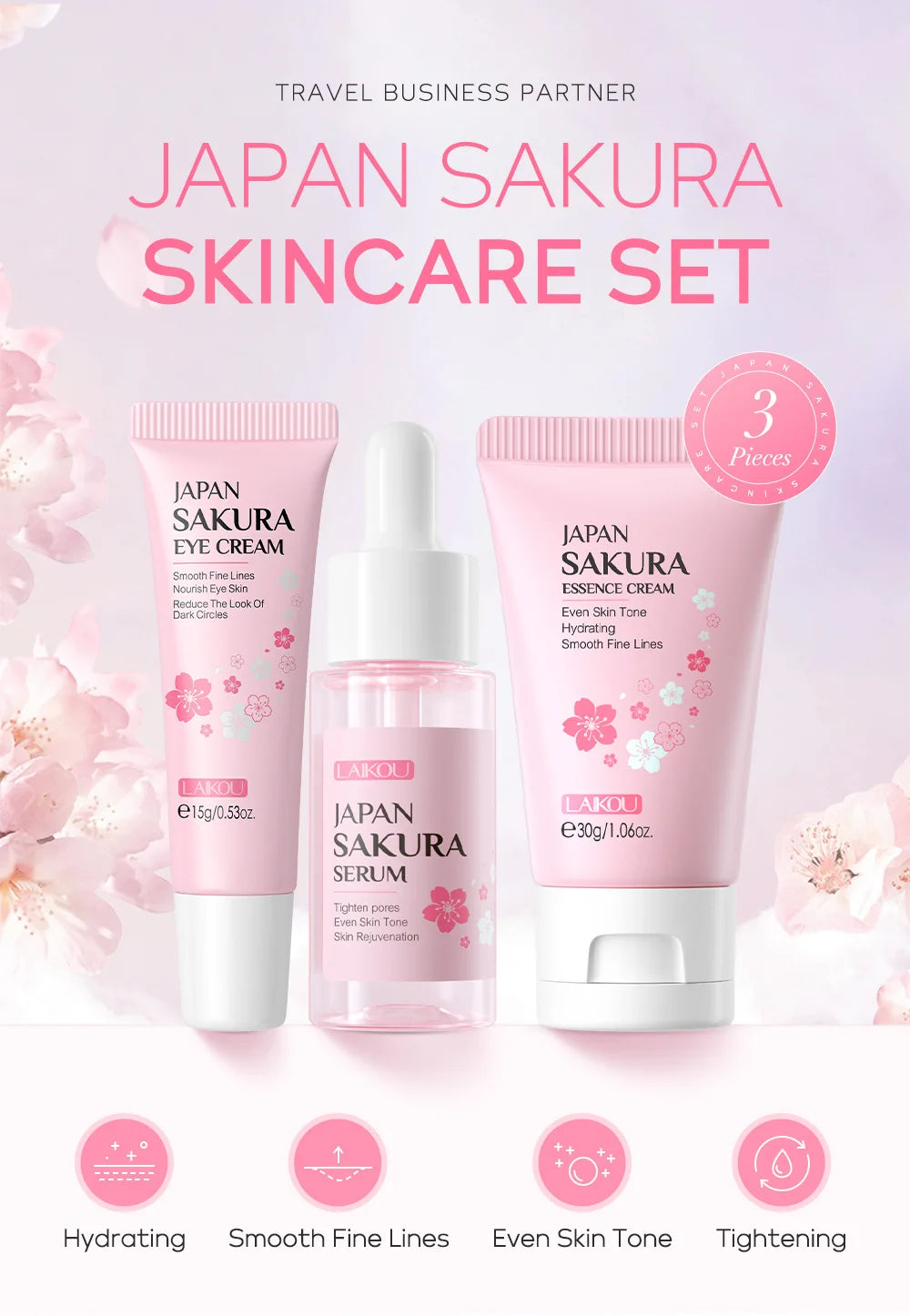 LAIKOU Sakura Skin Care Sets Facial Cleanser Face Cream Serum Toner Moisturizing Brightening Anti Wrinkles Kit