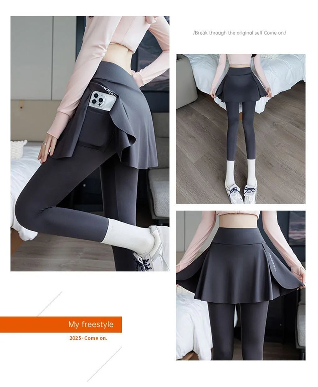 Women's two-in-one golf skirt leggings, high-waisted abdominal control tennis shorts with pockets, fitness running yoga pants