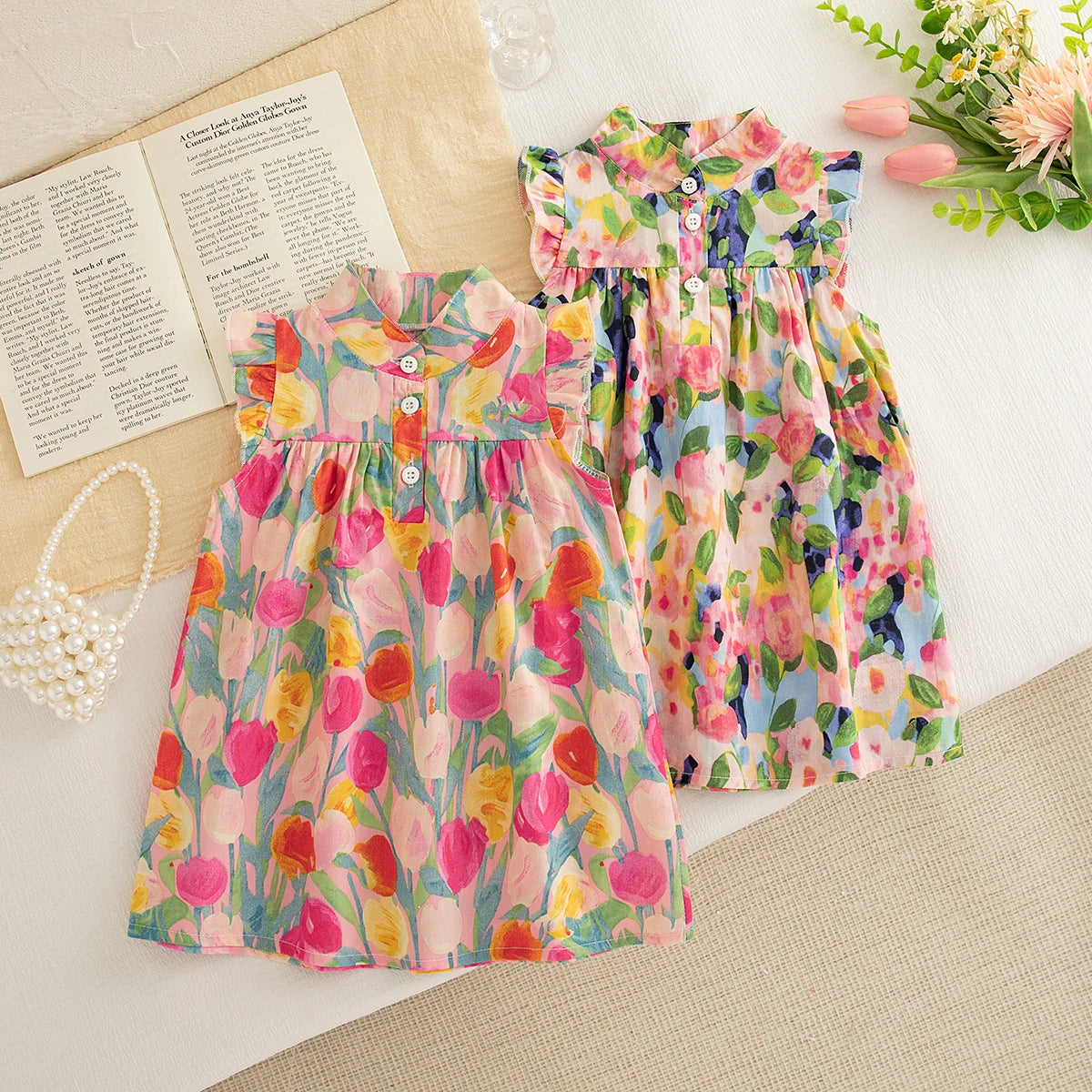 Summer Baby Girl Dress Sweet Flower Printed Sleeveless Girl Dress Korean Style Children Clothing