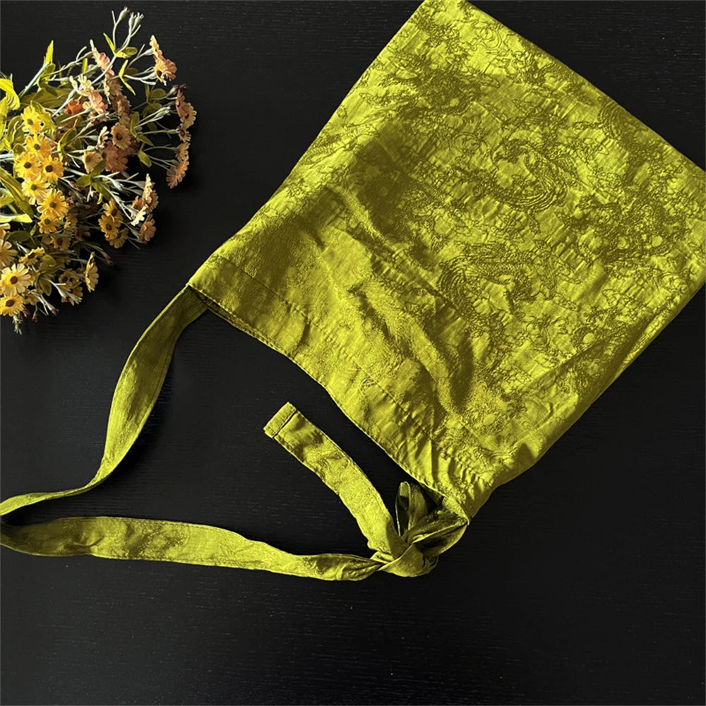 Women Handbag Totes Vintage Jacquard Silk Sati Linen Underarm Bag Portable Knot Wrist Bag Adjustable Pu Crossbody Travel Bag