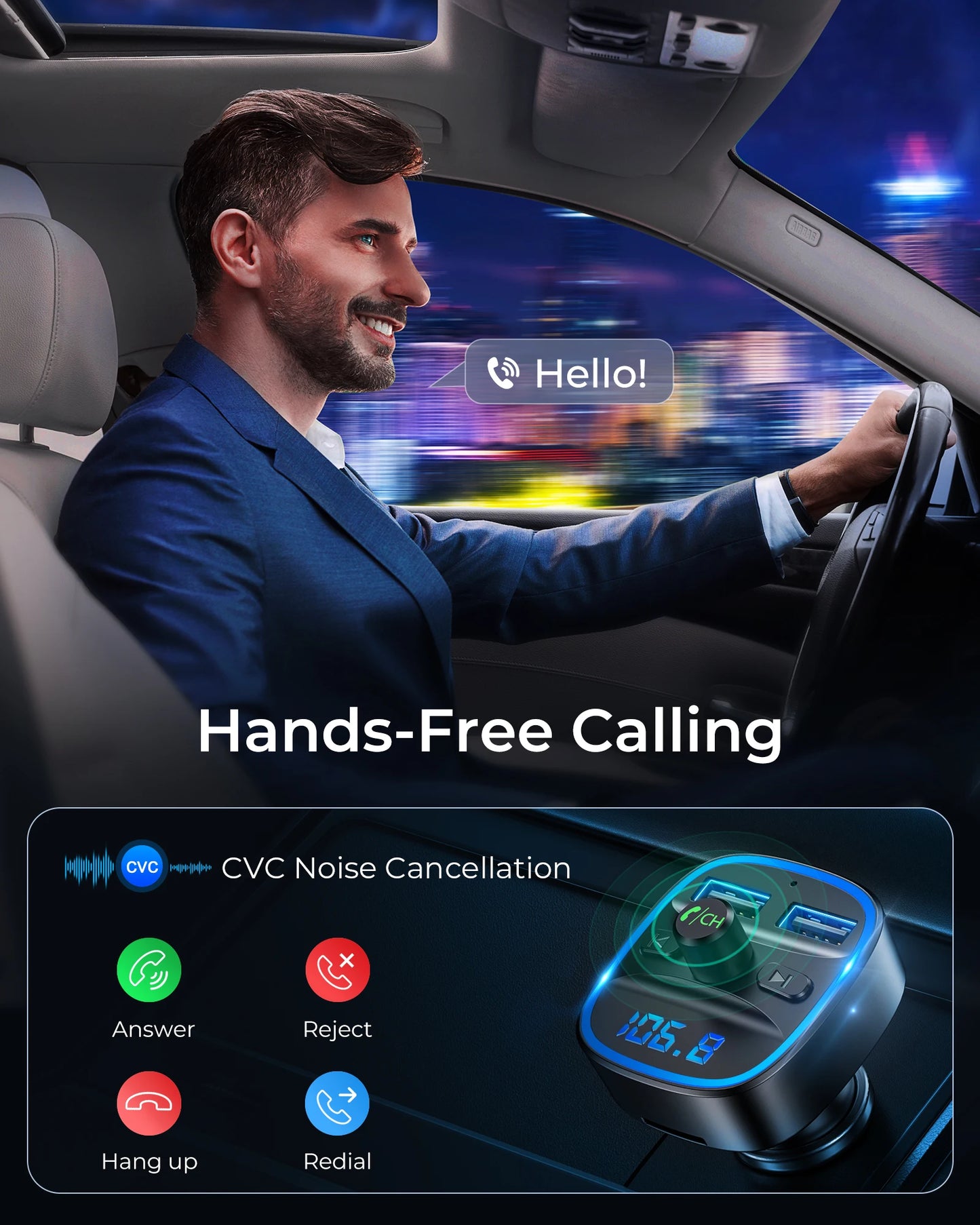 LENCENT Bluetooth 5.0FM Transmitter Wireless Radio Adapter Car Kit with Dual USB Charging Car Charger MP3 Player Support TF Card
