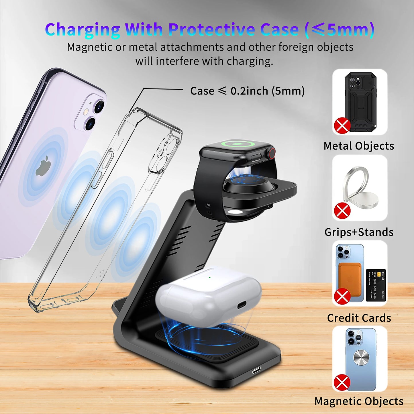 Wireless Charger iPhone Charging Station 3 in 1 Charger Stand Multiple Devices for iPhone 17 16e 16 15 14 Pro Max 13 12