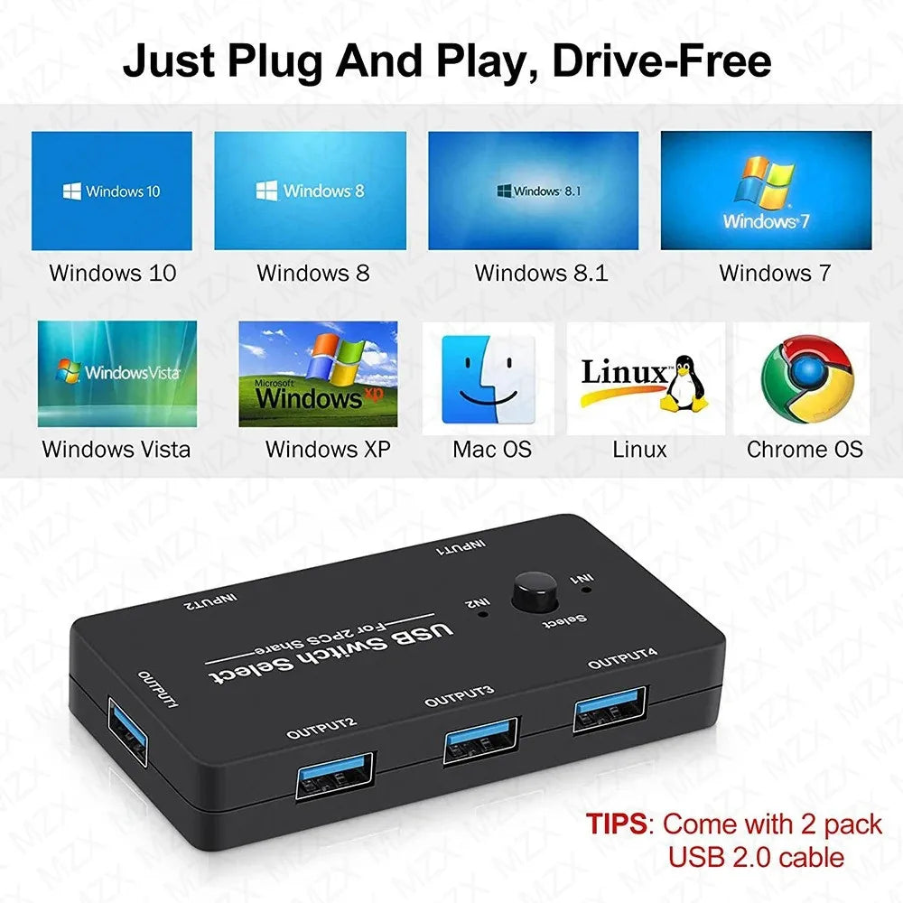 MZX USB Switch KM Switcher Selector KVM 2.0 Hub 2 Computer Laptop PC Desktop Accessories Share Printer Keyboard for Macbook Hubs