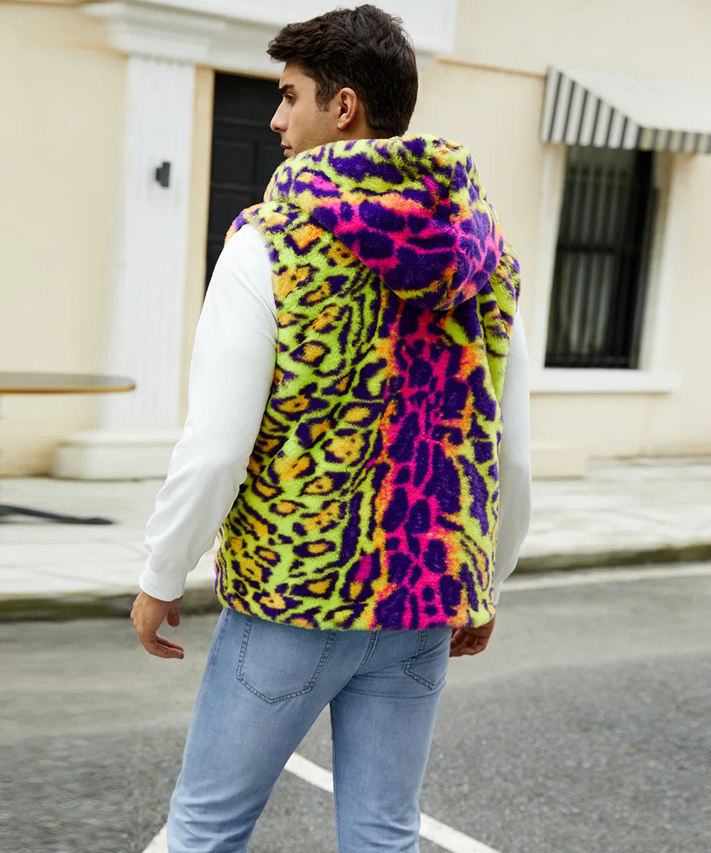 Autumn and Winter New Fashion Mens Warm Vest Imitation Fur Leopard Print Contrasting Plush Vest