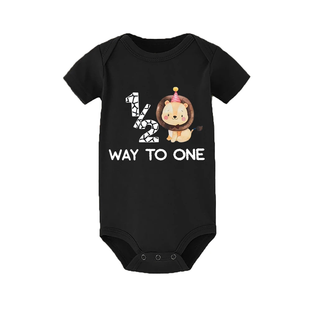 1/2 Way To One &lion Pattern Print Baby Boys Romper Baby's Half Birthday Short Sleeve Bodysuit Birthday Party Infant Clothing