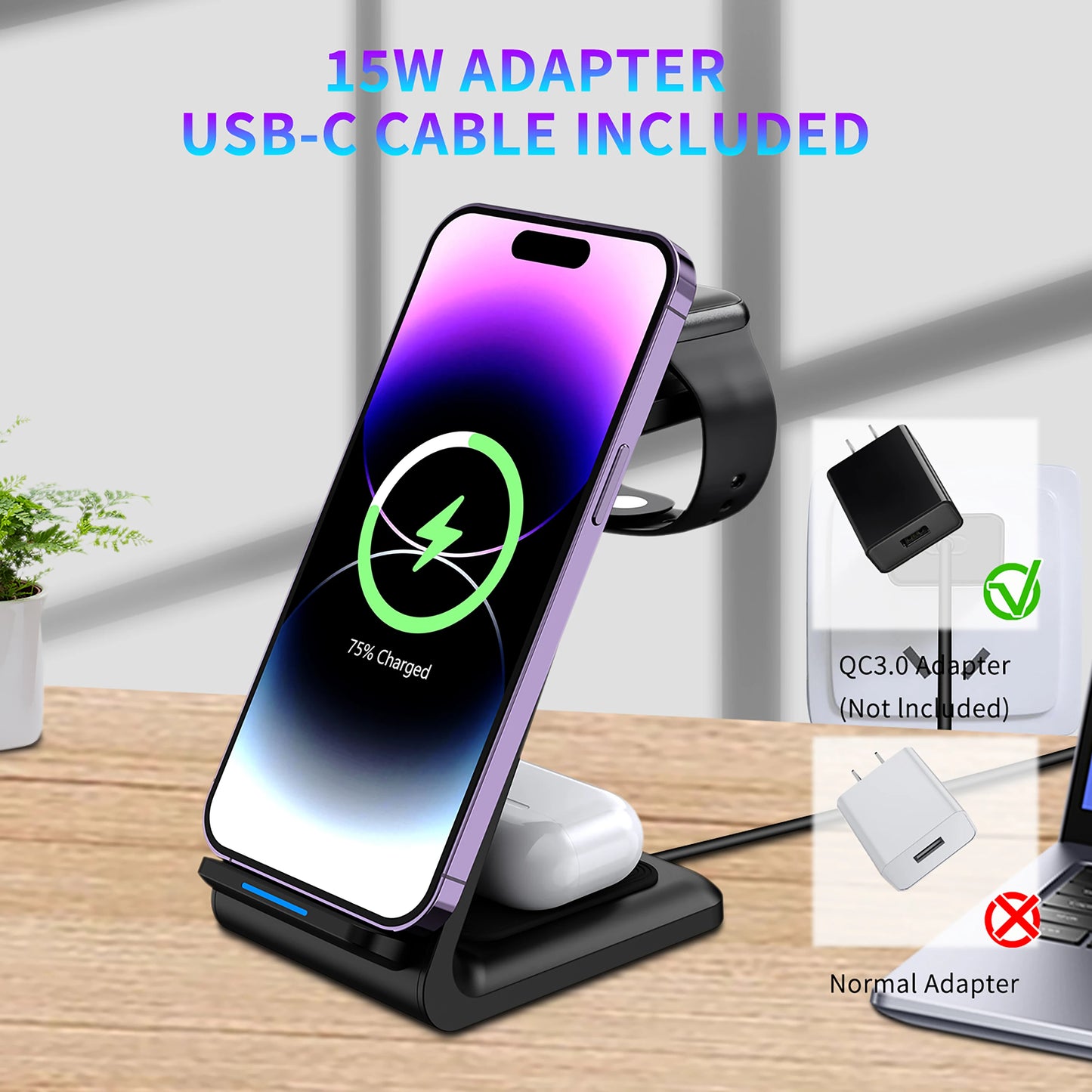Wireless Charger iPhone Charging Station 3 in 1 Charger Stand Multiple Devices for iPhone 17 16e 16 15 14 Pro Max 13 12
