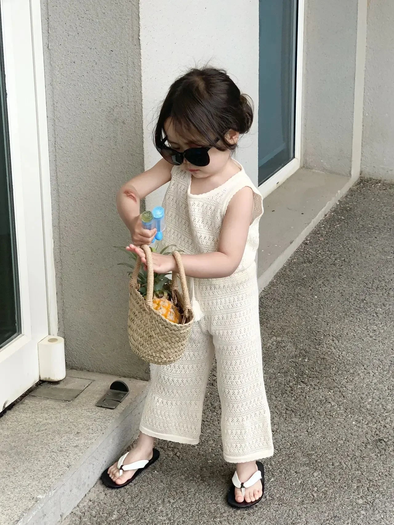 Girls Summer Clothing Set 2025 Kids Knitted Hollow Lace Suit Girl Fashion Breathable Vest + Wide Leg Pants Outfits Children Sets