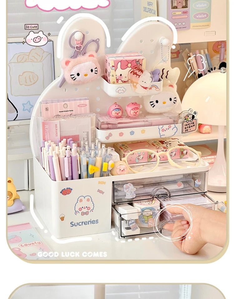 Desktop Hole Board Storage Box Desk Organizer Girls Cute Pen Holder Storage Stationary Rack Korean Kawaii Bunny Cosmetic Shelf