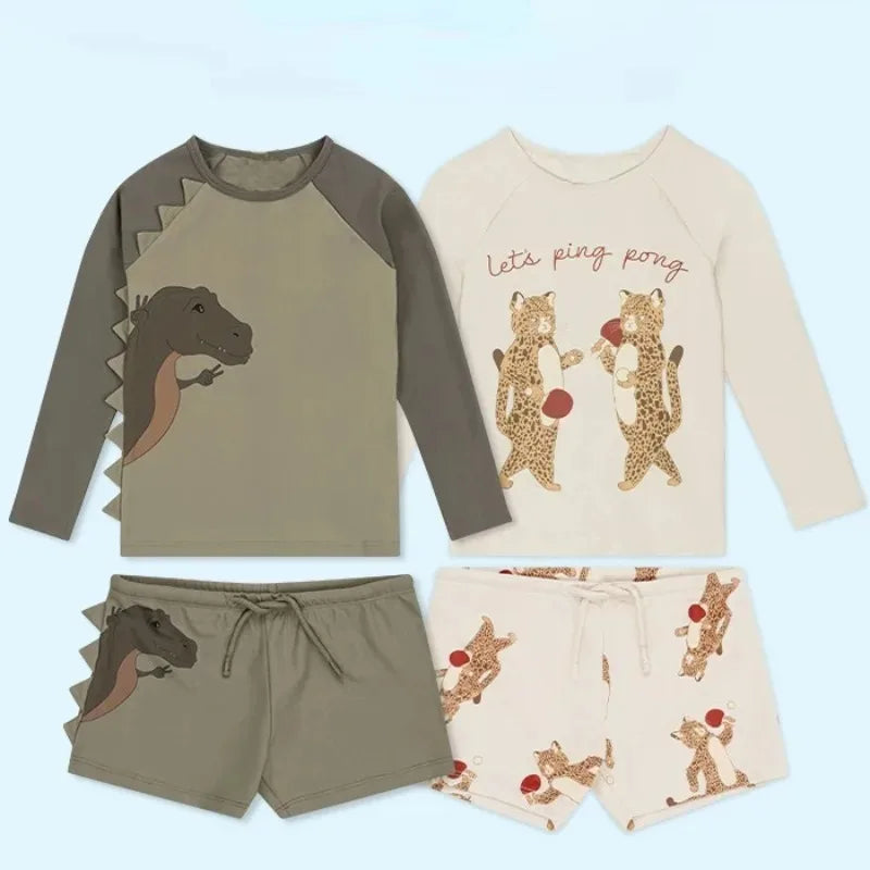 Baby Boy Swimwear Cartoon Dinosaur Print O-neck Long Sleeve Top+drawstring Shorts Kid Split Swimsuit Quick Drying Clothes E23316