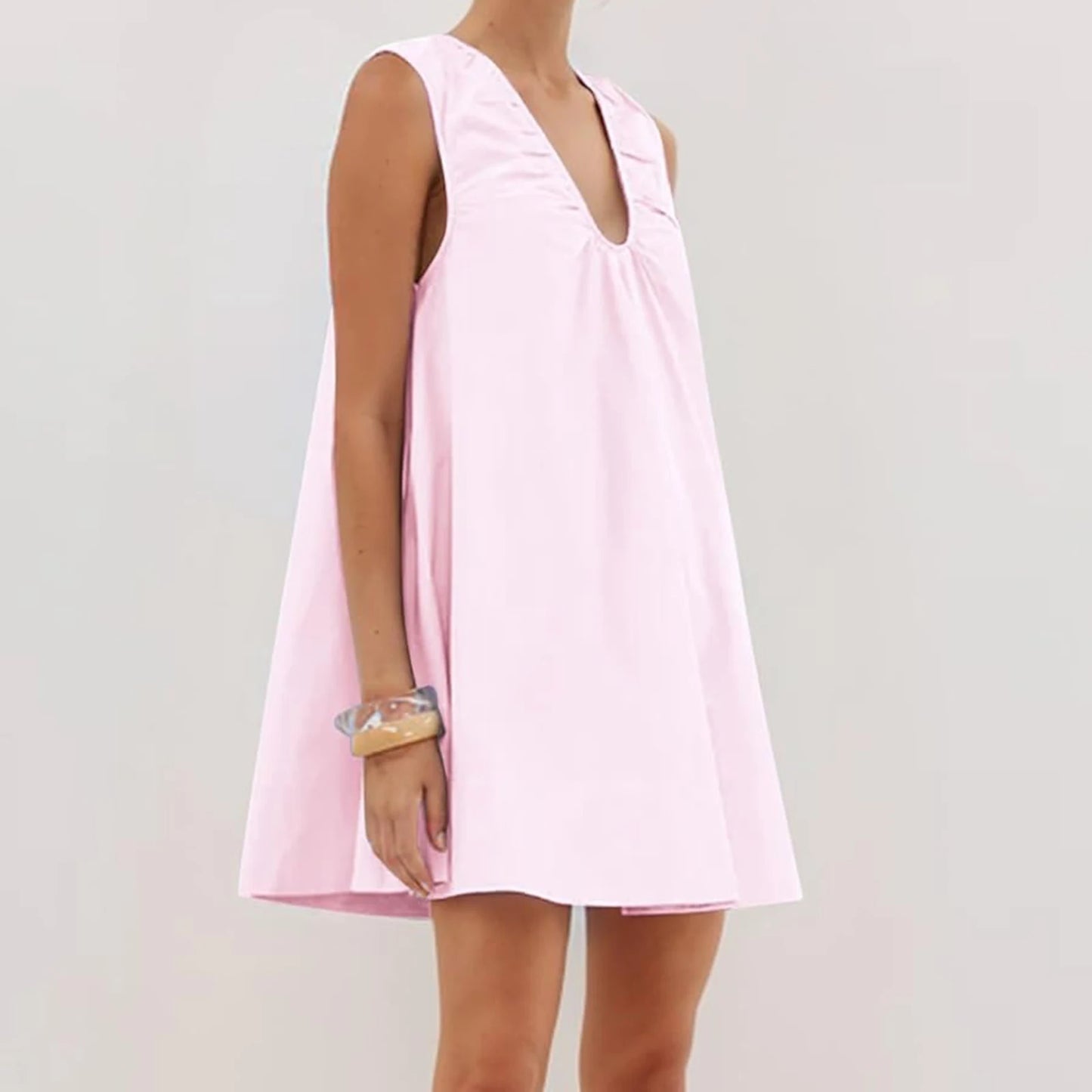 New Fashion Womens V Neck Tank Dress Sleeveless Solid Color Loose Beach Dresses With Pocket Club Street Style Hot Sale S-XL
