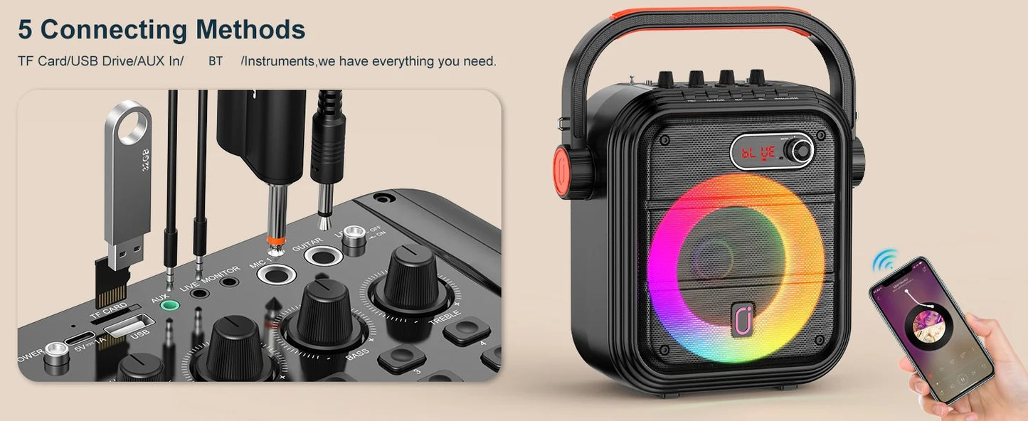 Karaoke Machine with 2 Wireless Microphones, Portable Bluetooth Speaker with RGB Light, Supports TF/USB, AUX, FM, Rec, TWS
