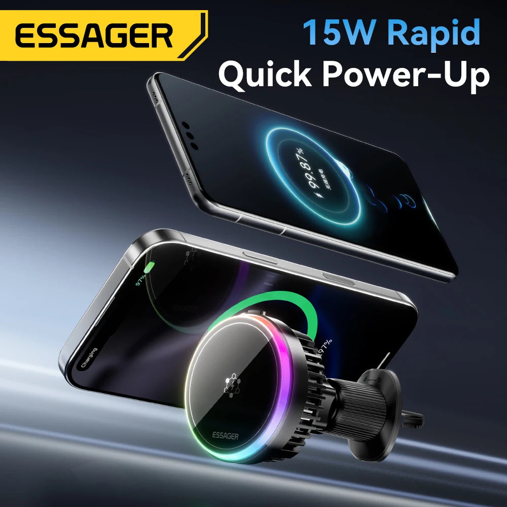 Essager Cooling Magnetic Car Wireless Charger 15W Fast Charging Station For Magsafe iPhone 16 Huawei 360° Roation Phone Holder