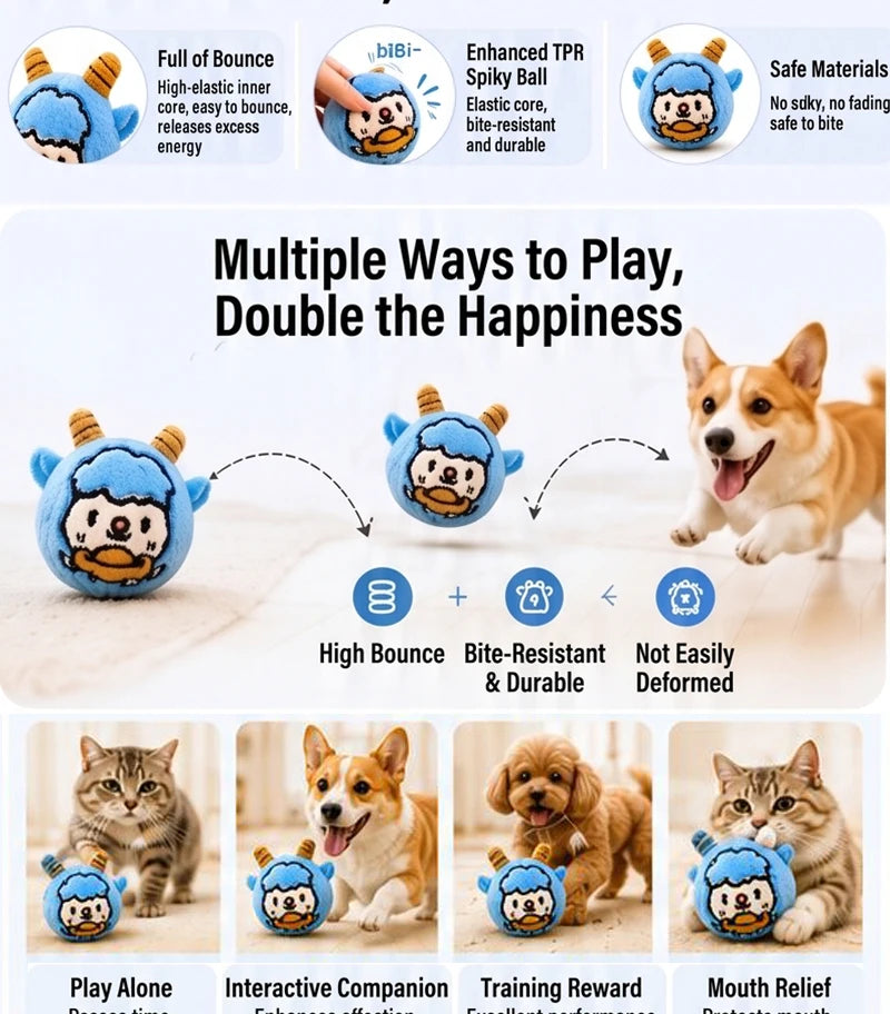 Cute Cartoon Plush Bouncy Ball Pet Toy Interactive Chew Toy for Dogs & Cats Ideal for Indoor Play of Small and Medium Pets