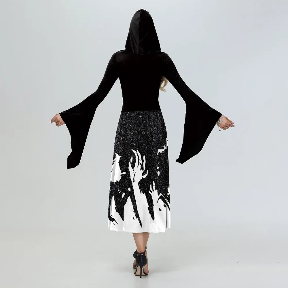 Halloween Skeleton Cosplay Costumes for Women Medieval Robe Vintage Party Hooded Dress Witch Scary Clothes Day of The Dead