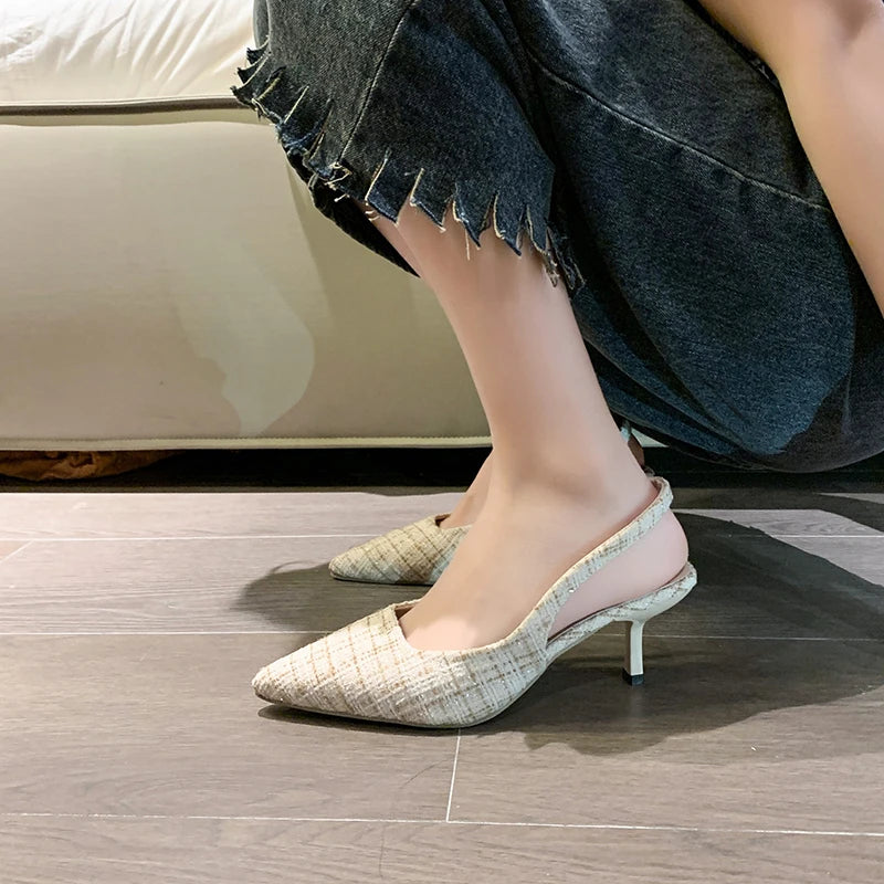 Sea Salt Blue Pointed High Heel Sandals for Women Back Hollow Half Headed Single Shoes Fashion Versatile Casual Shoes
